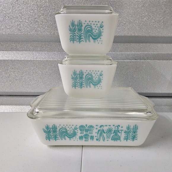 Vintage‎ Pyrex Turquoise Rooster Casserole Set Piece Nesting